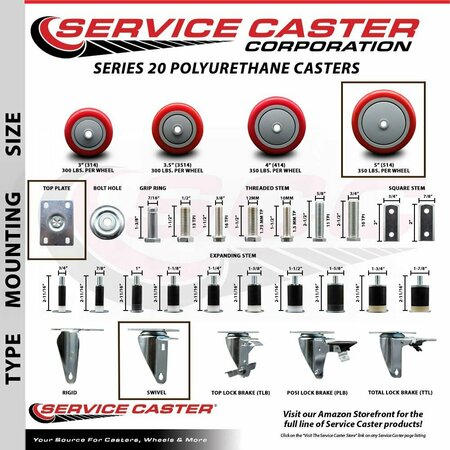 Service Caster Cooking Performance Group 369CASTER4 Replacement Caster Set with Brakes-, 4PK COO-SCC-20S514-PPUB-RED-2-TLB-2